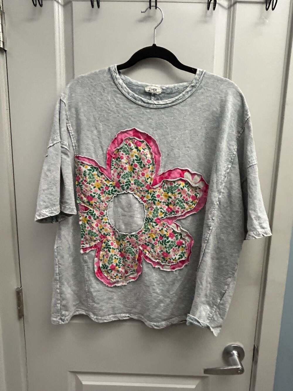 J.Her Mineral Washed Mixed Floral Flower Patch Short Sleeve Top